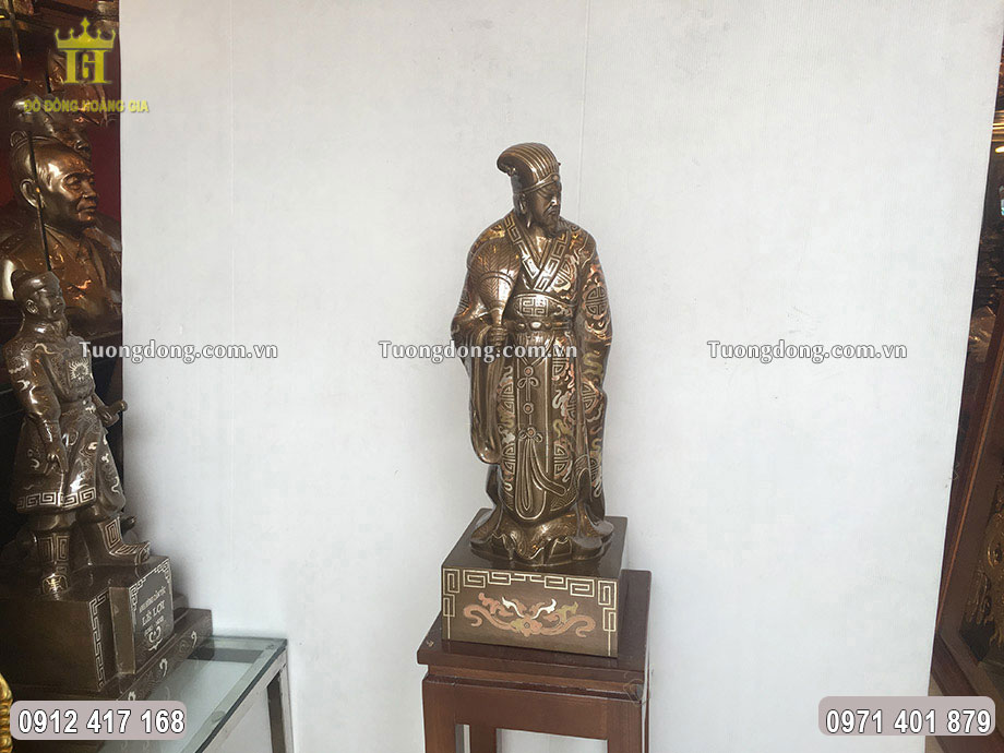 Tượng Đồng Khổng Minh Khảm Bạc Cao 55Cm